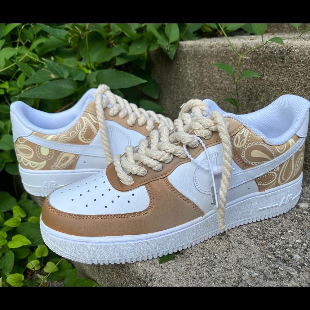 CUSTOM Nike Air Force 1 Brown fade paisley with rope lace, size 10